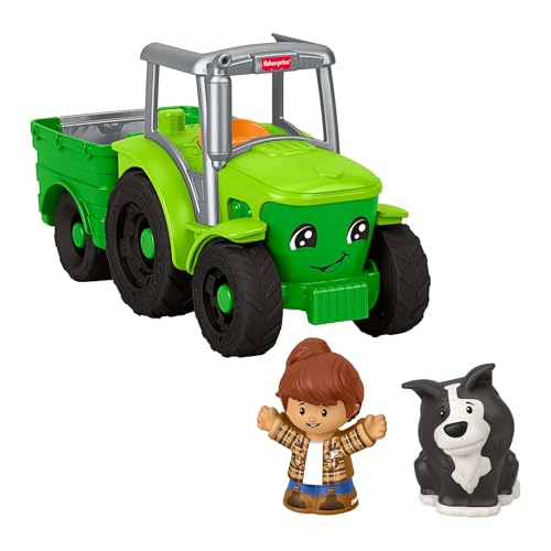 Fisher-Price Little People Tractor de arrasto infantil, veículo musical com 2 figuras para jogos de imitação, a partir de 1 ano, JGX12