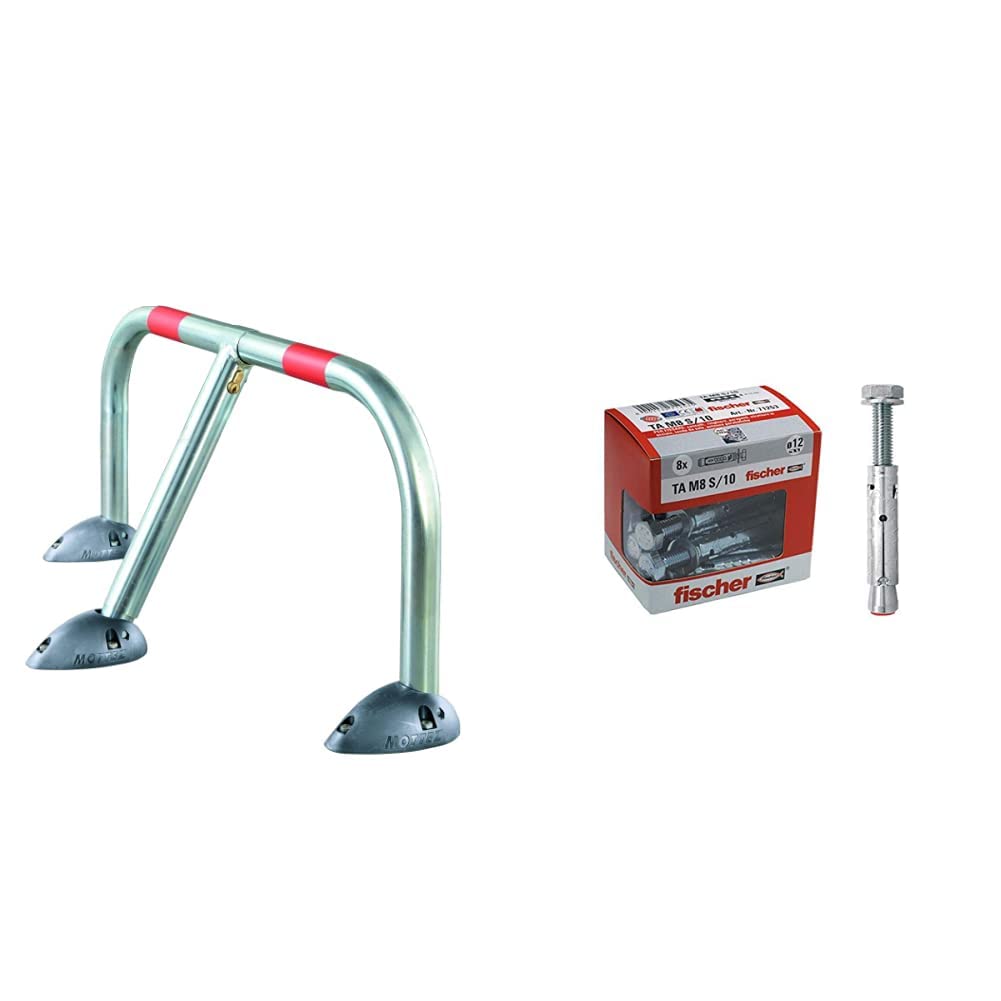 Mottez B302C Barrière de parking rabattable design & Fischer 71253 Acier Ta M 8 avec vis tête hexagonale, diamètre Cheville 10 mm, 8 pièces pcs, M8 + Vite