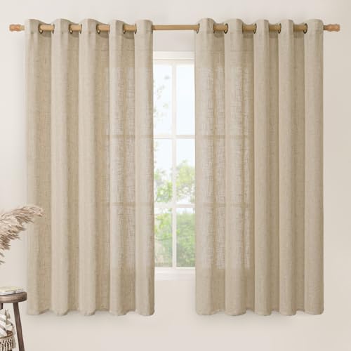 Image of LAMIT Linen Curtains 63 inch Length for Living Room, Linen Light Filtering Boho Semi Sheer Window Textured Burlap Drapes with Bronze Grommet for Bedroom, 2 Panels Set, 60 x 63 Inch, Brown