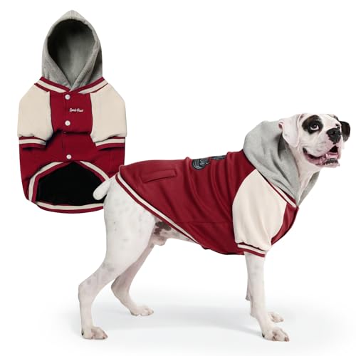 Image of Spark Paws Varsity Dog Hoodie - Premium Dog Sweater for Small, Medium, and Large Dogs | Warm Clothes for Pets, Winter Jacket Alternative - Red - 4XL