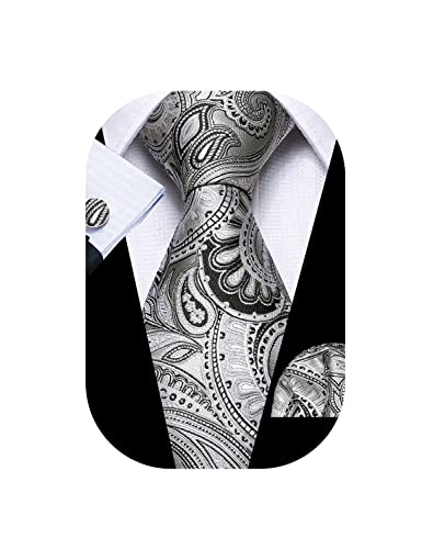 Barry.Wang Paisley Tie Fashion Set Hanky Cufflinks Neckties for Men Woven Silk Light Grey