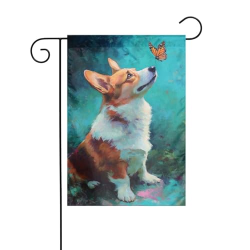 Corgi Dog Looking At Butterfly Garden Flag 12x18 Vertical Double Sided Farmhouse Holiday Outside Decorations Yard Flag