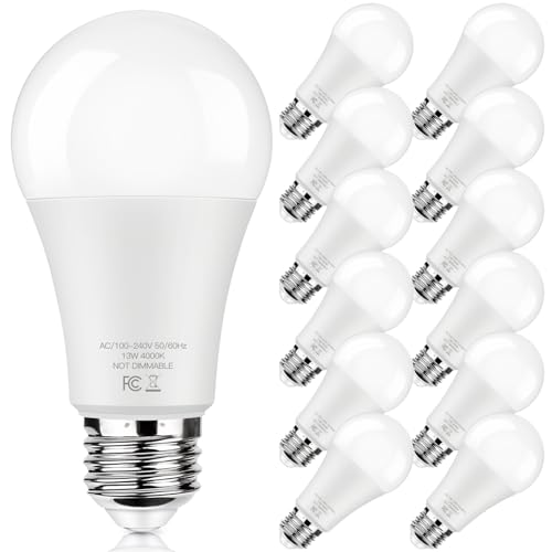 Image of LED Light Bulbs 100W Equivalent 1500 Lumens, A19 13W 4000K Neutral White Non-Dimmable, Super Bright No Flicker Standard E26 Edison Screw Bulbs for Home, Bedroom, Office Lamp, 12-Pack