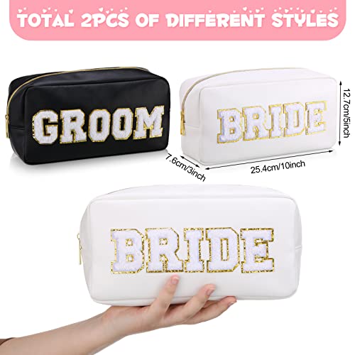 Oudain 2 Pcs Bride and Groom Makeup Bag Letter Patch Cosmetic Travel Toiletry Bag Women PU Leather White Portable Bride Purse Wedding Pouch for Bridal Shower Gift Bachelorette Party Favor2