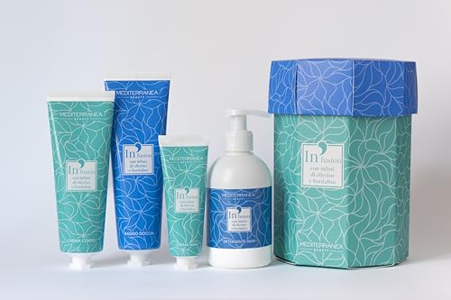 MEDITERRANEA COSMETICS Cofanetto Regalo Benessere 4 Prodotti con Infuso di Elicriso e Fiordaliso Bagno Doccia, Crema Corpo, Detergente e Crema Mani Formati Travel