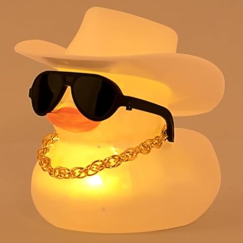 wonuu Cowboy Hat Rubber Duck with Light Transparent Glowing Rubber Ducks with Star Moon Sequins, Car Ornament Dashboard Decoration Home Decor Birthday Gift with Sunglasses Necklace, Yellow Light Cover