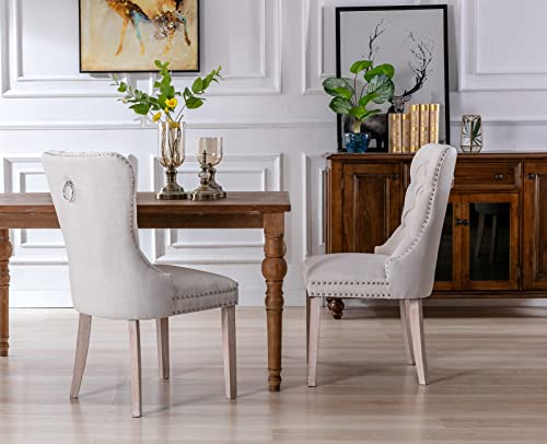 Kmax Linen Elegant Upholstered Dining Chairs, Fabric Armless Accent Chair With Ring Pull Solid Wood Legs, Set Of 2 - Beige #TOP7