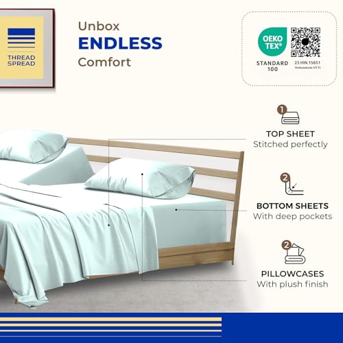 Image of THREAD SPREAD Split King Sheet Set, Luxury 1000 Series Paradise Collection 100% Egyptian Cotton Split King Sheets Sets for Adjustable Bed (5 PC, Sea Foam), Soft, 16 inch Deep Pocket Hotel Sheets