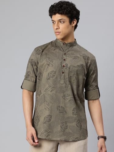 Image of Majestic Man Men's Pure Cotton Printed Mandarin Collar Regular Fit Roll-Up Sleeves Short Kurta