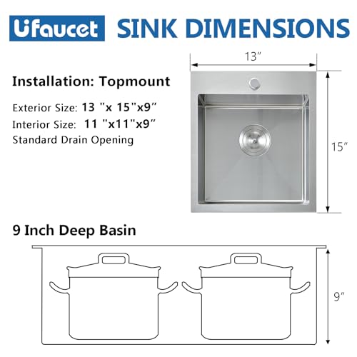 Image of 15 Drop In Bar Sink, 16 Guage Stainless Steel 13x15x9 Wet Bar Prep RV Outdoor Small Kitchen Sink Topmount Single Bowl with Drain