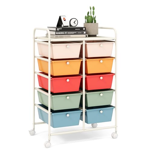 Image of LDAILY 10 Drawer Rolling Cart, Storage Cart Organizer on Wheels, Drawer Cart with Metal Frame & Large Storage Capacity, Rolling Cart with Drawers for Living Room Classroom, Office