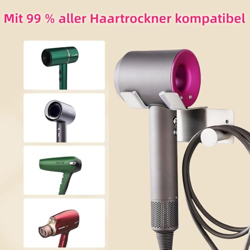 UEMUSI Föhn Halterung, Fönhalter Ohne Bohren, SUS304 Edelstahl Wand Ohne Bohren Föhnhalter Geeignet für die Meisten Haartrockner, Föhn Halterung Ohne Bohren fürs Badezimmer