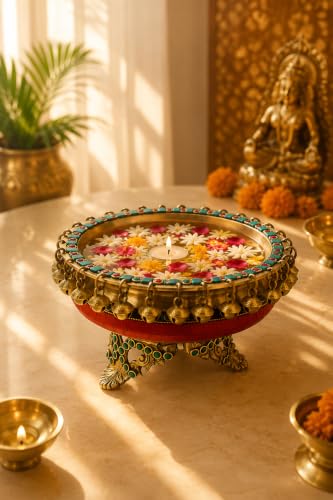 Two Moustaches Gemstone Work Brass 8 Inches Urli Bowl on Ethnic C...