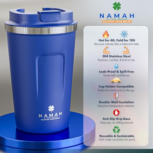 Image of Namah Insulated Coffee Mug Travel with Lid 380ML Stainless Steel Coffee Tumbler Cup for Office & Home, Leak Resistant Matte Finish Hot & Cold Travel Coffee Mug for Men & Women Gift (Ocean Flex)