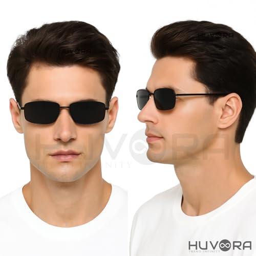 Image of Old Money UV400 Protected Rectangle Sunglasses for Men Stylish - Narrow Wrap Rectangular Metal Frame Retro Goggles with UV Protection for Driving Riding Beach - Branded Shades
