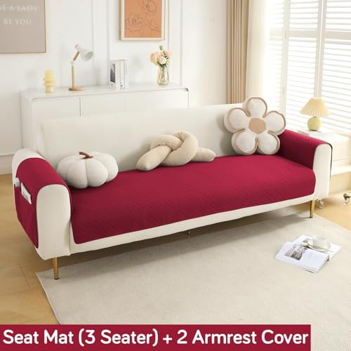 Image of HOKIPO Quilted 3 Seater Sofa Cover Set, One Seat Mat with Two Armrest Covers with Pockets, Maroon (NEW-IN-723+IN-787-MRN*2)