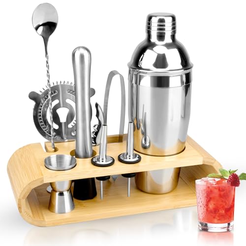 TonJin 10 Piece Bartender Kit with Bamboo Stand, 750ml/25oz Cocktail Shaker Set for Mixed Drink, Professional Stainless Steel Bar Set with All Essential Accessory Tools,Gift for Man Dad Friend
