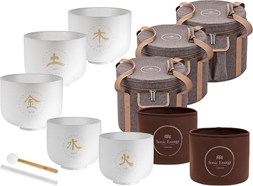 Meinl Sonic Energy Crystal Singing Bowls, Set of 5 — TCM Tuned Frosted Quartz with Mallets, Bag, O-Rings — for Meditation, Yoga, Sound Baths, Chakra Healing