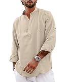 Oberhemd Herren Leinen Hemd Männer Henley Shirt Männer Langarm Sommerhemd Herren Langarm Khaki XL
