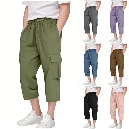 Boys Girls Capri Trousers Summer Three Quarter Pants 3/4 Length Stretchy Legging Elasticated Cropped Sweatpants