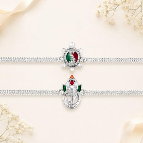 Image of Periapt Silver Color Stylish Rakhi Combo with Silver Color Pooja Coin, Roli Chawal & Greeting Card | Traditional Raksha Bandhan Occasion Combo for Brother | Fancy Rakhi for Brother, Set of 1 (K2 A5+A25)