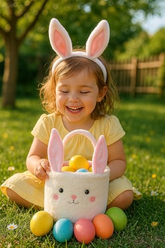Image of Plush Bunny Basket for Easter Fluffy Easter with with Bunny Ears, Easter Egg Hunts Decorations Candy Gifts Storage (Pink White)