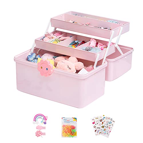 Kids Multi Layer Hair Accessories Organizer Storage Box with Stickers, Lids, and Handle - Plastic Hair Tie Holder for Toddler Girls
