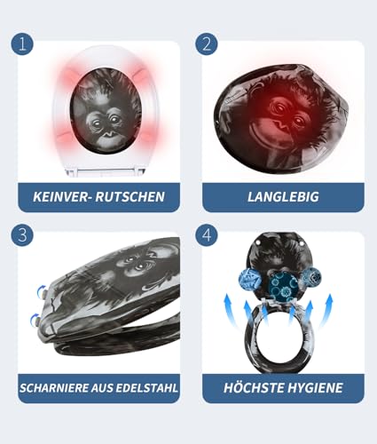 Toilettendeckel mit Absenkautomatik, WC Sitz mit Absenkautomatik Oval Form klodeckel Einfache Reinigung, Abnehmbarer WC-Sitz, 150kg belastbar, einfache Montage – Motiv : Grauer Affe