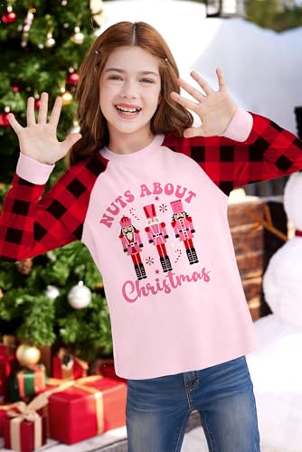 Image of BesserBay Girl's Christmas Buffalo Plaid Raglan Top Funny Holiday Graphic Shirt 4-14 Years