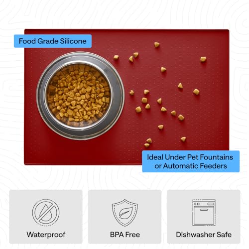 Image of GORILLA GRIP 100% Waterproof Raised Edge BPA Free Silicone Pet Feeding Mat, Dog Cat Food Mats Contain Spills Protects Floors, Placemats for Cats and Dogs Water Bowl, Pets Accessories 18.5x11.5 Red