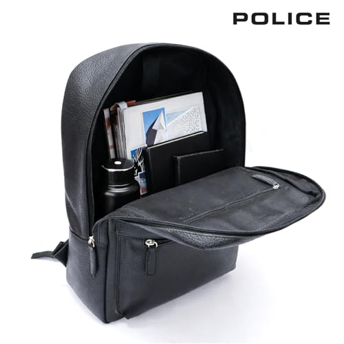 Image of Police 30L Laptop Backpack for Men & Women | Premium Grainy Texture Vegan Leather | Stylish Lightweight Travel & Office Bag | Front Utility Pocket | Black