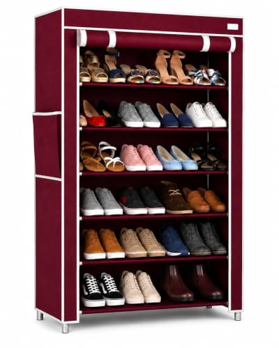 Image of 6 Layer Shoe Rack Plastic with Maroon Cover | Multipurpose Plastic Shoe Rack for Home | Space Saving Foldable Shoe Stand | Storage Rack for Home, Bedroom & Entryway.