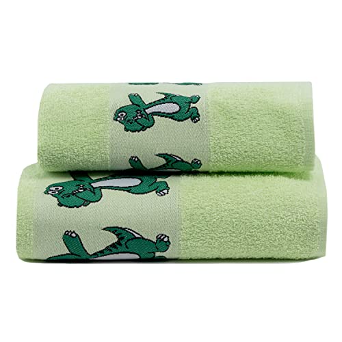 Juego de Toalla de Cara y Bidé para Niños, (50 x 90 cm) + Invitados (40 x 55 cm), Motivo Dinosaurio Verde 100% Algodón Rizo (Verde)