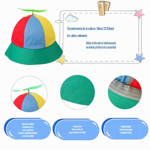 Miniatura 2 de Siebold Sombrero De Hélice,Sombrero De Pescador Helicóptero Hélice Gorras De Arco Iris Sombrero Colorido Con Hélice Fluorescente Verde-57cm