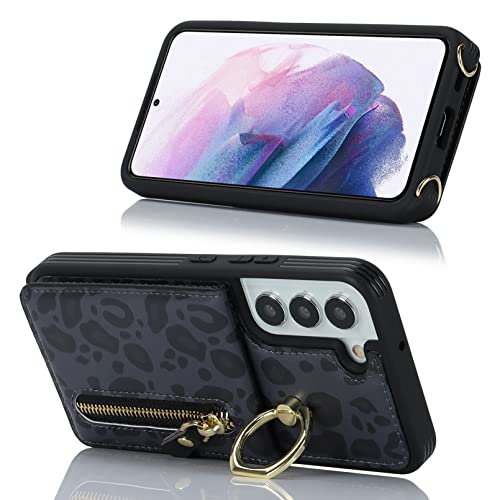 Jaorty Samsung Galaxy S21 5G Phone Case For Women With Card Holder,Samsung S21 Case Wallet Crossbody Lanyard With Strap,Credit Card Slots Kickstand Case With Ring Holder,6.2 Inch,Black Leopard #TOP3