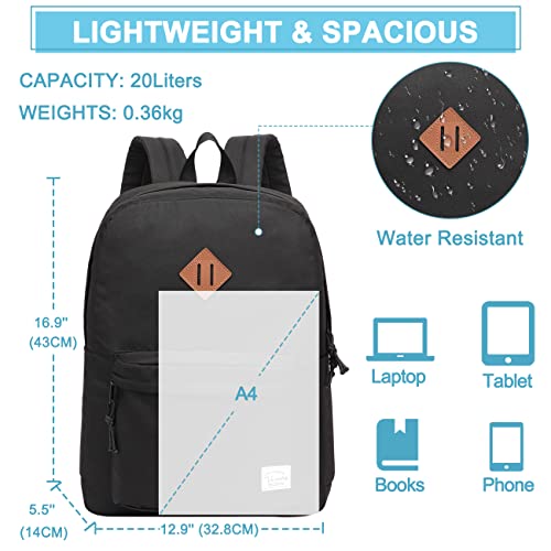 VASCHY Lightweight Backpack for School, Classic Basic Water Resistant Casual Daypack for Travel with Bottle Side Pockets (Black)2