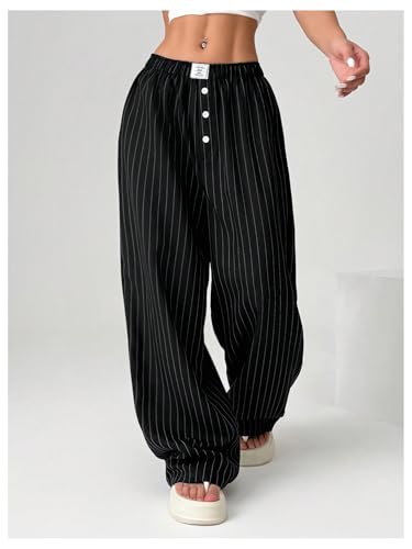 OYOANGLE Women's Striped Wide Leg Pants Elastic Waist Button Office Work Dressy Trousers3