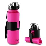 BULUNOW BPA-Free Silicone Collapsible Water Bottle - Leak Proof Twist Cap - 22 oz (Pink)