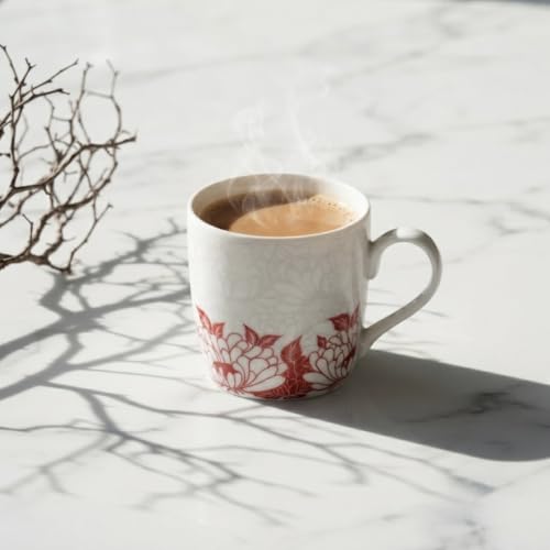 Image of Dandy Lines New Ray Garden Grace Tea Cup and Saucer Set, Black /Red, Luxury Cups with Saucers, Ceramic, Pack of 4, Microwave & Dishwasher Safe, Great for Hosting & Gifting