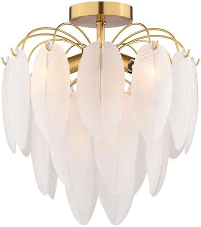 VAXCEL Burbank 4-Light 13.5 in. Wide Gold Brass Waterfall Semi Flush Mount Lighting Fixture, White Frosted Leaf Glass Shade, Dimmable LED Compatible for Low Ceilings, Bedroom, Hallway, Kitchen