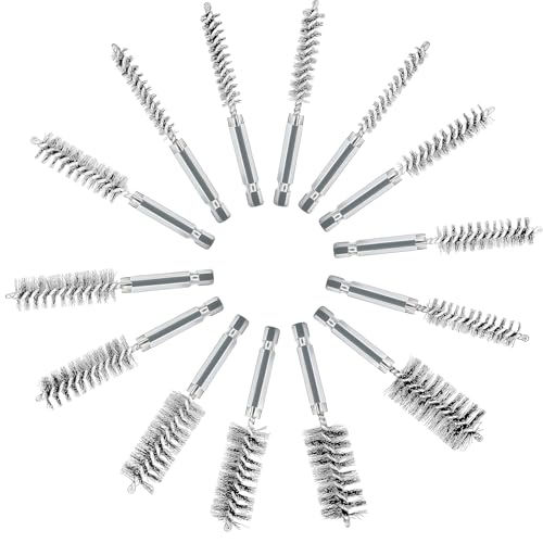 Image of 14 PCS Stainless Steel Bore Brushes, 5 /16 to 1 Inch Wire Brush for Drill, Heavy-Duty Metal Bristle Cleaning Brushes with 1 /4 Inches Hex Shank for Pipe Metal Surface, Rust Removal Deburring Degreasing