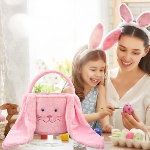 Image of Easter Bunny Basket for Kids, Cute Plush Big Ear Easter Basket with 50PCS Easter Stickers Pack for Boys Girls Easter Gifts for Egg Hunting Basket (Pink)