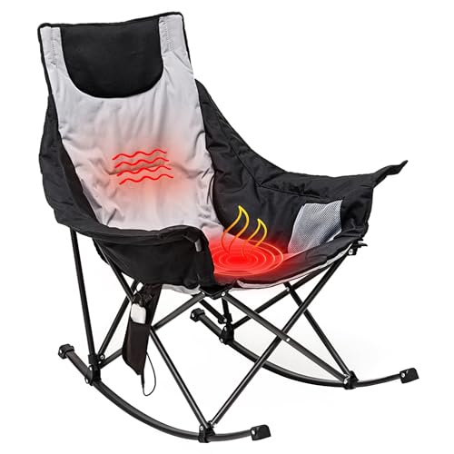 SUNNYFEEL Oversized Heated Camping Chair, Folding Rocking Camping Chairs with Luxury Padded Recliner,Carry Bag, 300 LBS Heavy Duty for Lawn/Outdoor/Picnic/Patio, Portable Rocker Camp Chair