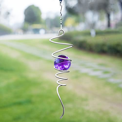 Gazing Ball Spiral Tail Wind Spinner Stabilizer, Garden Decorations Stainless Steel Metal with Hook & Purple Crystal Glass Orb Outdoor Hanging Decor Kinetic Yard 3D Swivel Art Sun Catchers by FENELY - Used condition - US$11.37