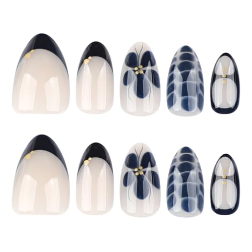 Image of Black Press on Nails Short Almond Fake Nails Flower False Nail with Design Alligator Print Glue on Nails Glossy Artificial Acrylic Nail Full Cover Nude Stick on Nail for Women Manicure 24Pcs
