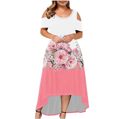 MRGIINR Vestido largo de verano de talla grande para mujer, vestido con estampado floral de los años 90, manga corta, hombros descubiertos, vestidos casuales elegantes, dobladillo curvo, vestido largo