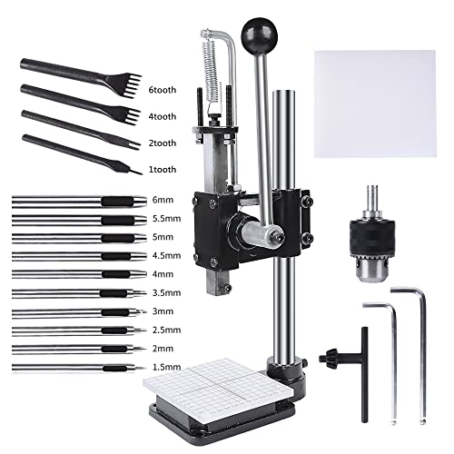 MOFIST Leather Hole Puncher Hand Punching Machine Manual Press Puncher Punch Tools for DIY Leather Craft Punching Holes with Drill Chuck,PP Plate and Aluminum Plate (Square Head)