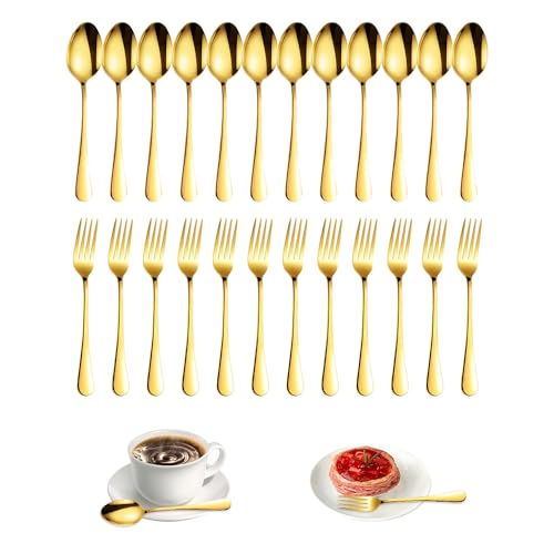 YZROHYI 24 Stück Kuchengabeln Und Kaffeelöffel Gold,Teelöffel,Dessertgabel Und Löffel Set,Spoon And Fork,Dessertlöffel Edelstahl,Kleine Löffel...