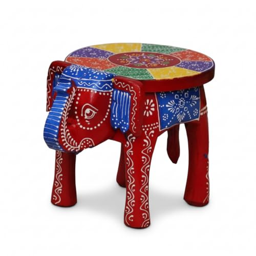 Image of Hand-Crafted and Colorful Emboss Painted Wooden Elephant Shape Stool Gardan Table,Decorative Showpiece (8 Inches Height, Red)