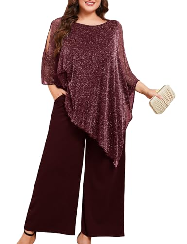 ZOMVA Plus Size Mother of The Bride Pant Suits Dressy 2 Piece Sparkly Mesh Asymmetric Cape Set Wide Leg Outfit with Pockets, Sparkly Burgundy, 3X